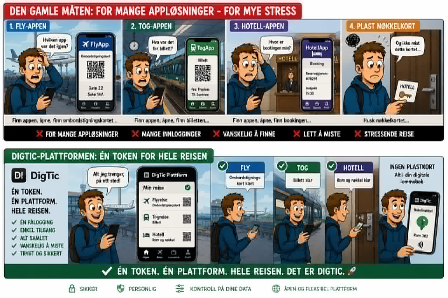 Den gamle måten med fly-app, tog-app, hotell-app og plastnøkkelkort versus DigTic med én token for hele reisen.