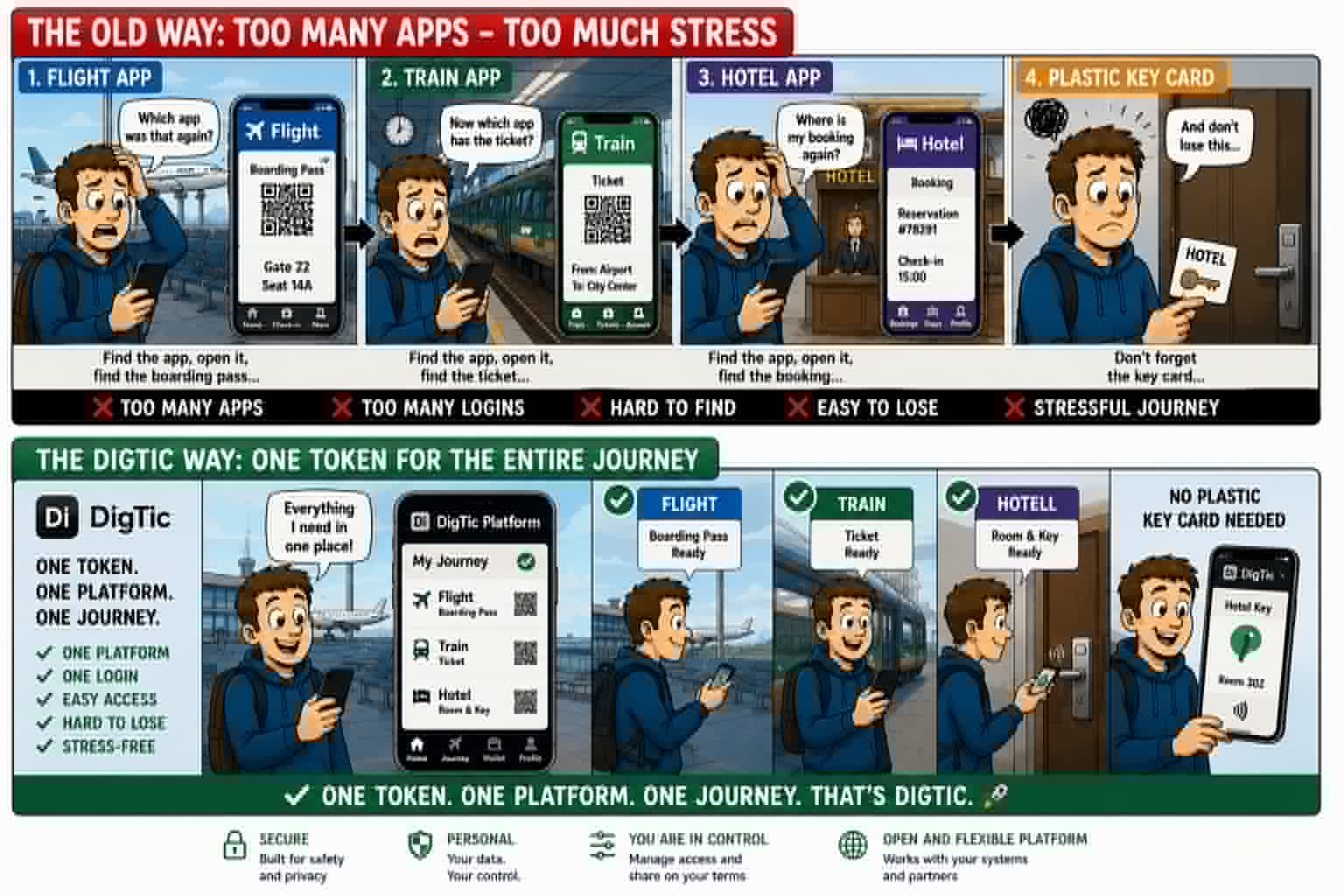 The old way with a flight app, train app, hotel app and plastic key card versus DigTic with one token for the entire journey.