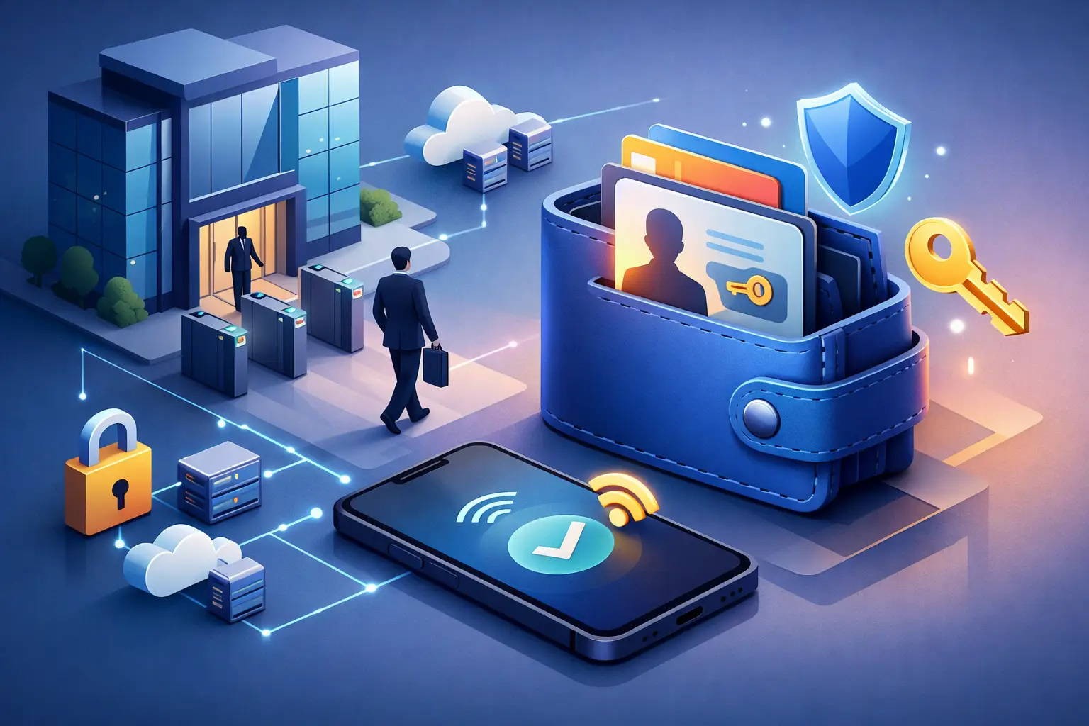 Enterprise access rights delivered to a mobile wallet, connected to HR, identity and access-control systems.