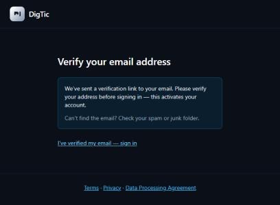 Siden Verify your email address med lenken I've verified my email — sign in