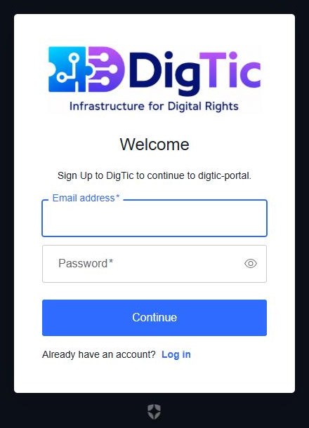 Registreringsskjema med feltene Email address og Password og knappen Continue