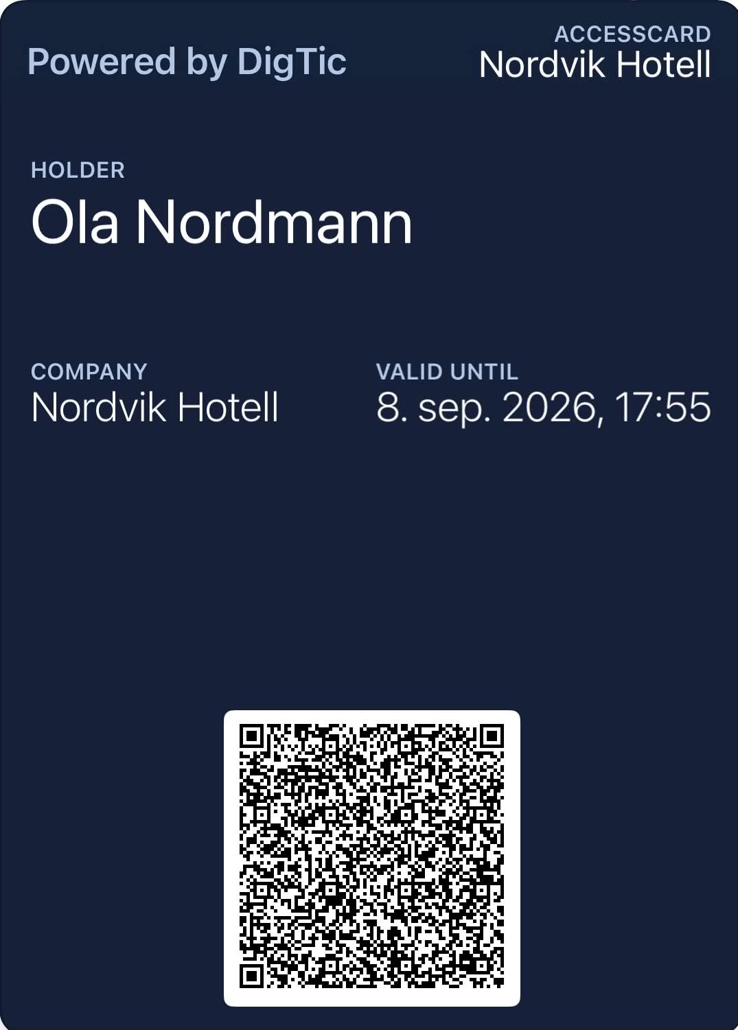 Apple Wallet — DigTic AccessCard, Nordvik Hotell (Ola Nordmann)